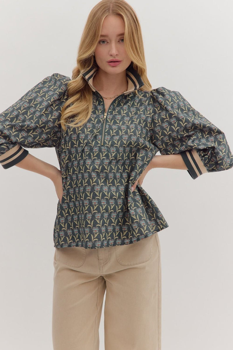 Blue Blossom Pattern Striped Collar Pullover