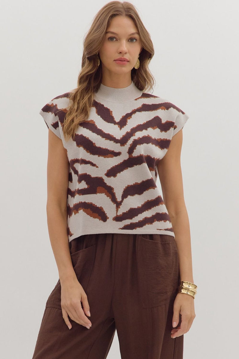 Animal Print Mock Neck Sleeveless Knit Top