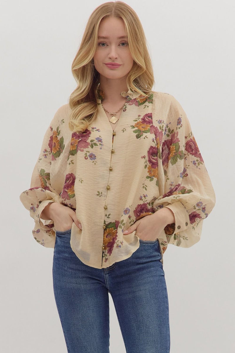 Taupe Floral Print Puff Sleeve Button Up Top