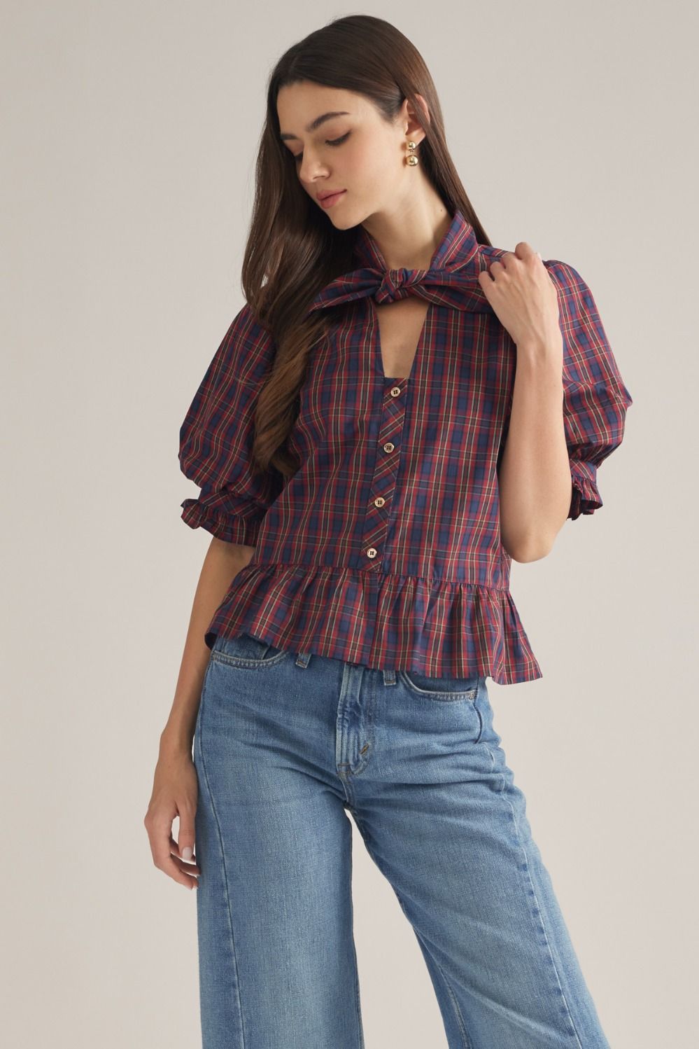 Navy and Red Plaid Keyhole Bow Neck Puff Sleeve Blouse