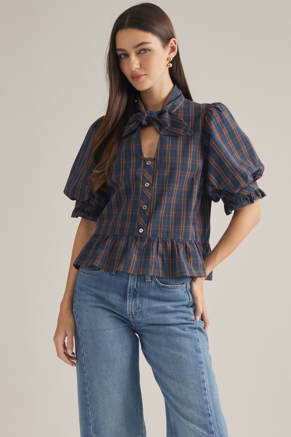 Navy and Green Plaid Keyhole Bow Neck Puff Sleeve Blouse