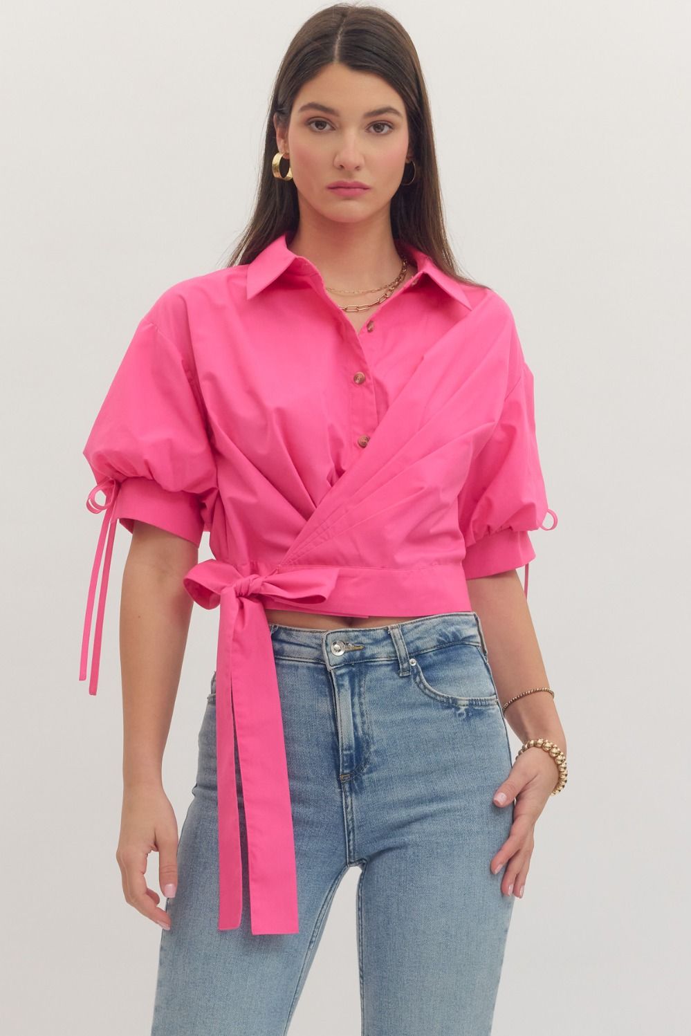 Button Down Blouse With Side Tie - Hot Pink