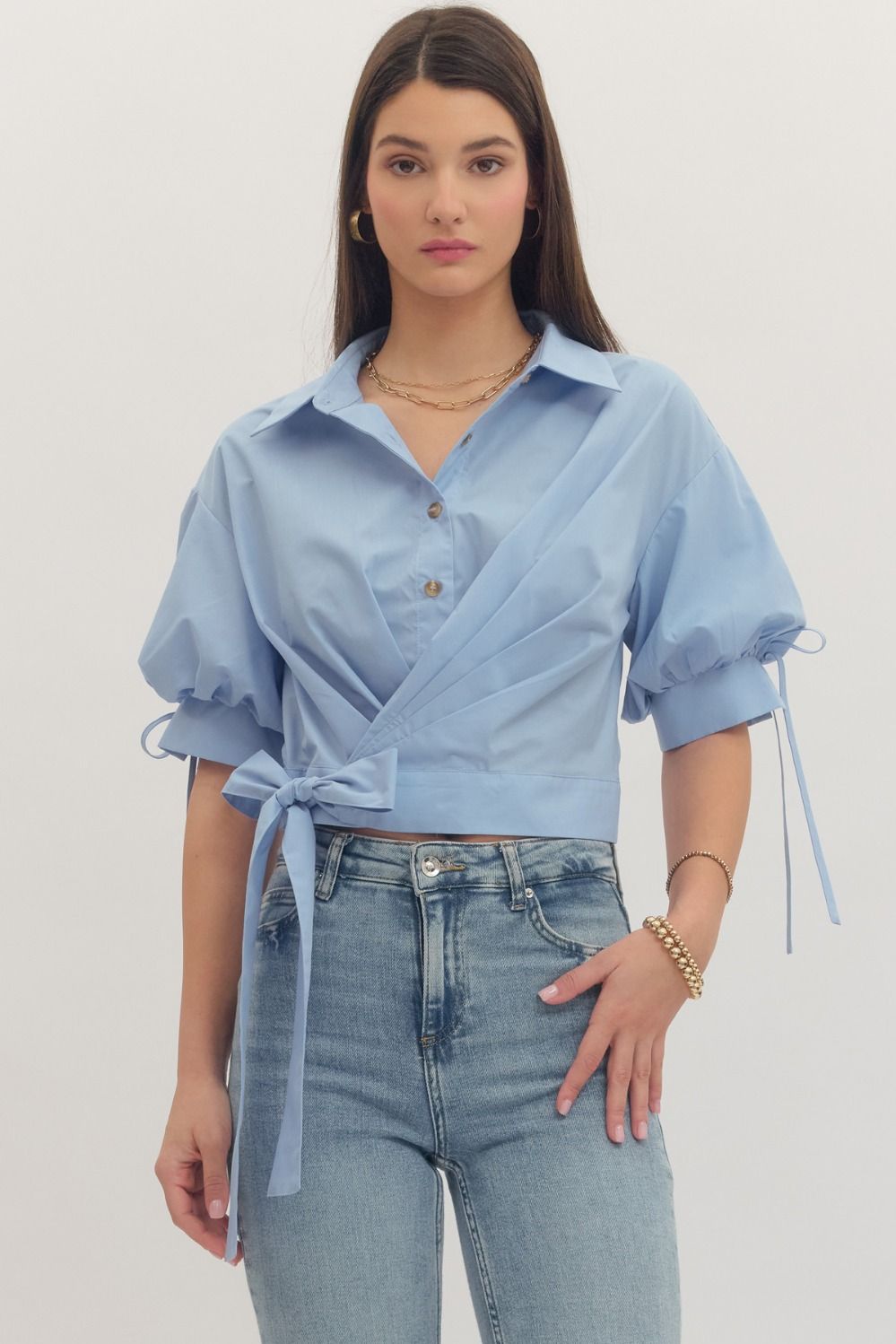 Button Down Blouse With Side Tie - Blue