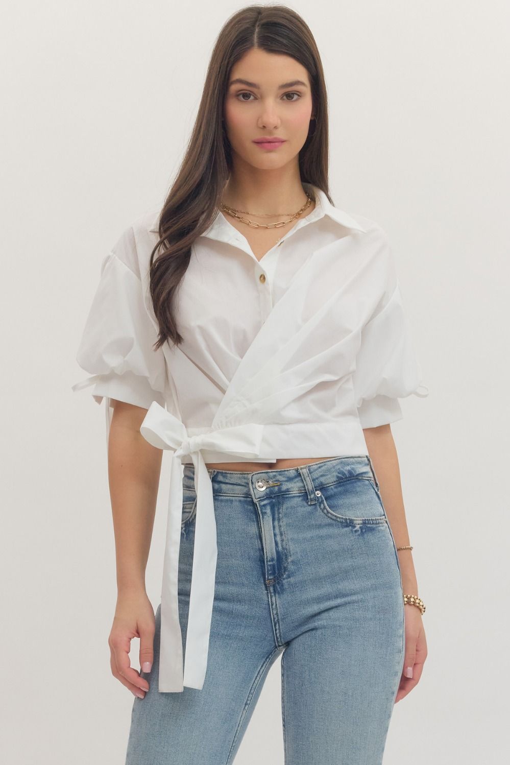Button Down Blouse With Side Tie - White