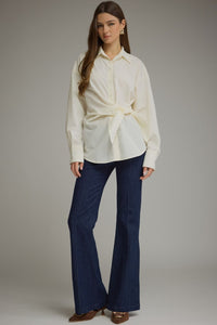 Cream Poplin Tie Waist Button Down Blouse