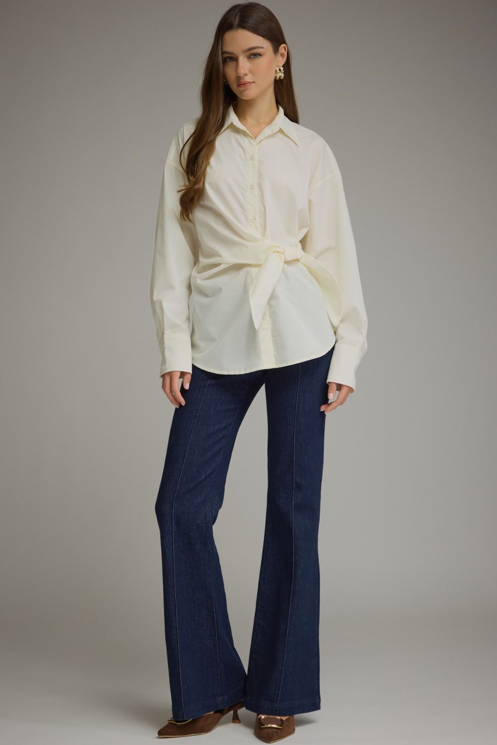 Cream Poplin Tie Waist Button Down Blouse