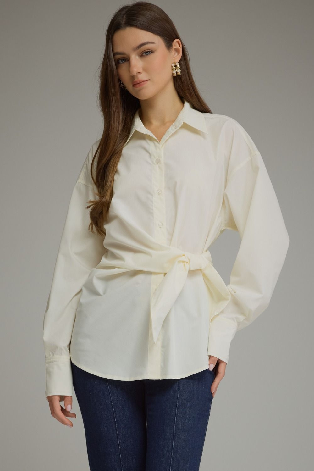 Cream Poplin Tie Waist Button Down Blouse
