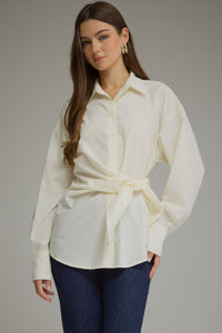 Cream Poplin Tie Waist Button Down Blouse
