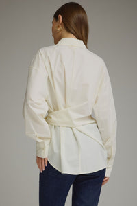 Cream Poplin Tie Waist Button Down Blouse
