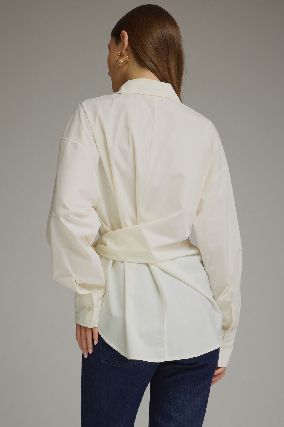 Cream Poplin Tie Waist Button Down Blouse