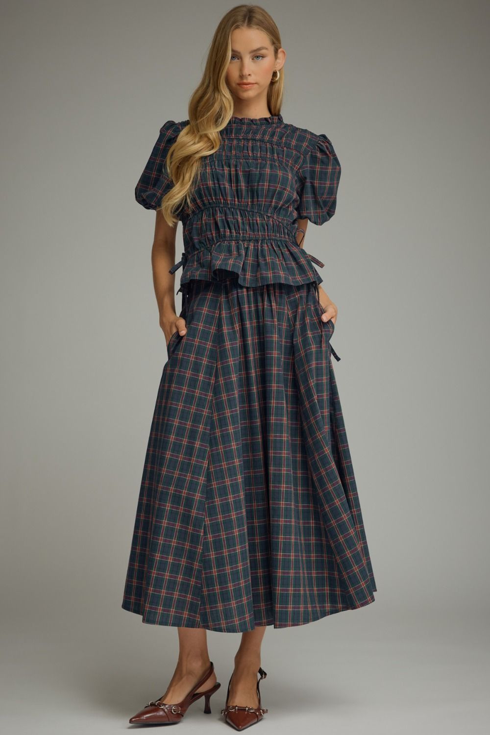 Navy and Green Tartan Plaid Smocked Top and Midi Skirt Set