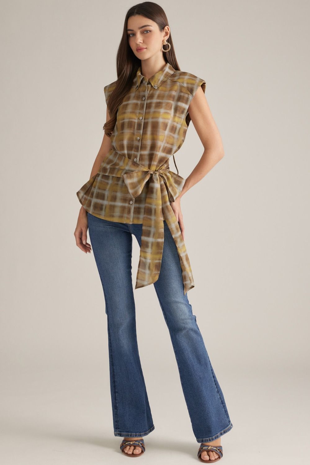 Blue and Green Plaid Button Front Tie Waist Top