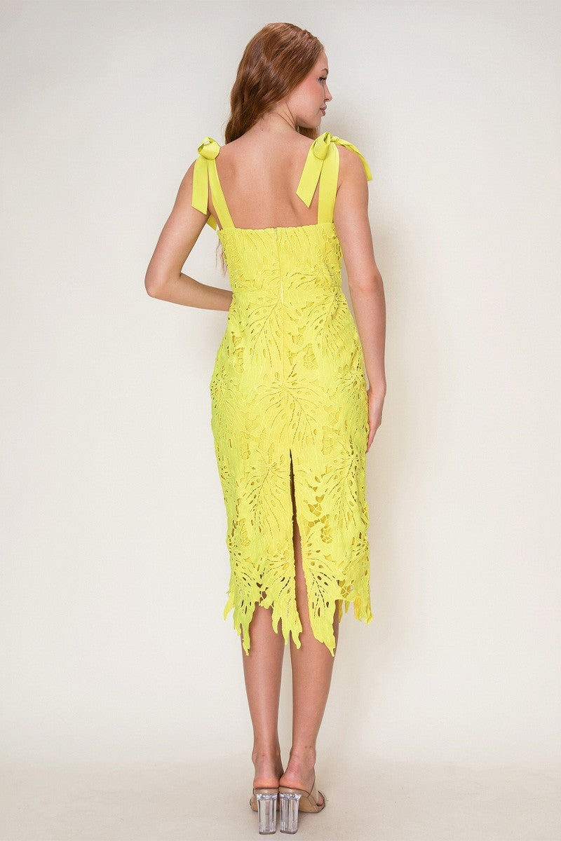 Palm Leaf Embroidered Tie Strap Midi Dress