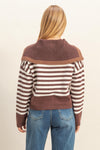 Brown Striped Button Up Sailor Collar Sweater