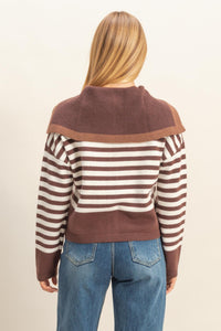 Brown Striped Button Up Sailor Collar Sweater