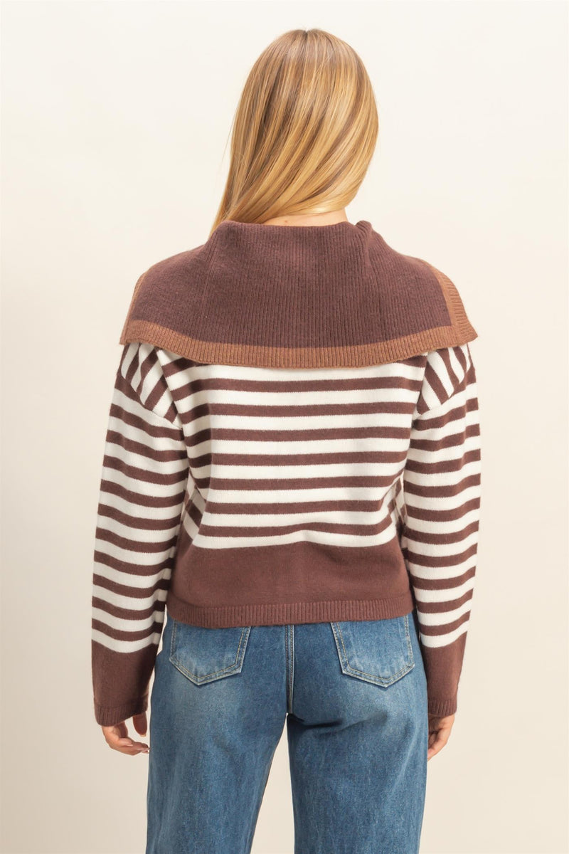 Brown Striped Button Up Sailor Collar Sweater
