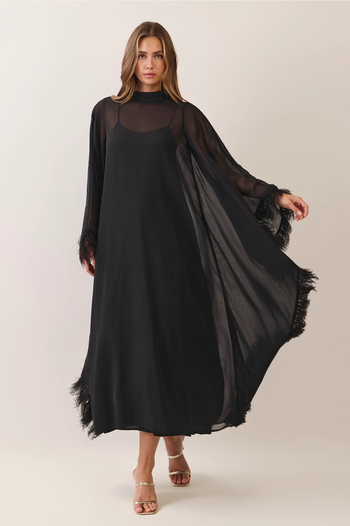 Black Sheer Mock Neck Feather Trim Maxi Dress
