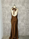 Chocolate Brown Satin Cowl Neck Maxi Dress