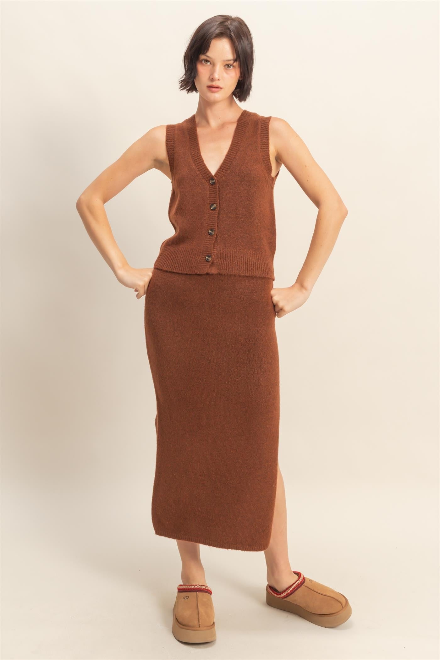 Brown Sweater Vest and Skirt Set