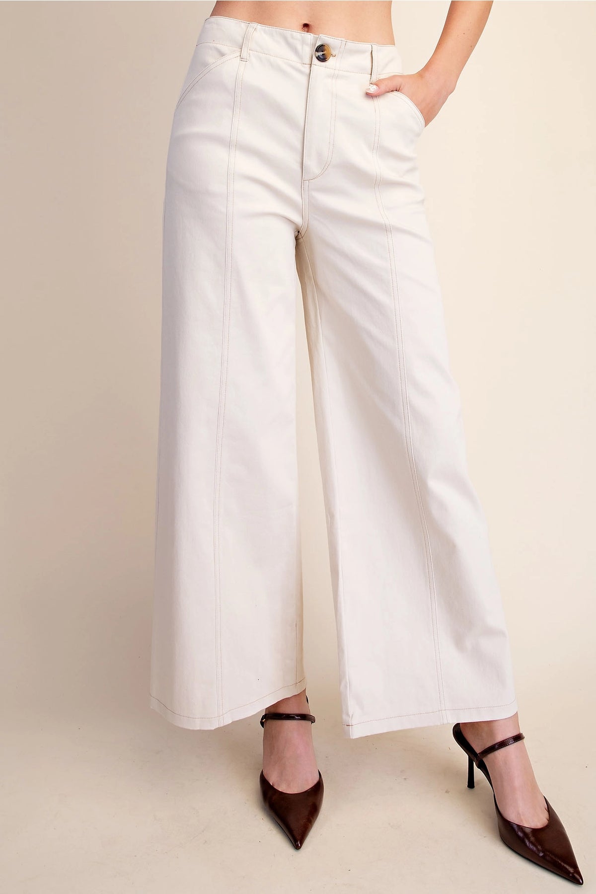 Off White High Waisted Contrast Stitch Wide Leg Jeans