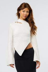 Ivory Asymmetrical Knit Top With Ring Detail