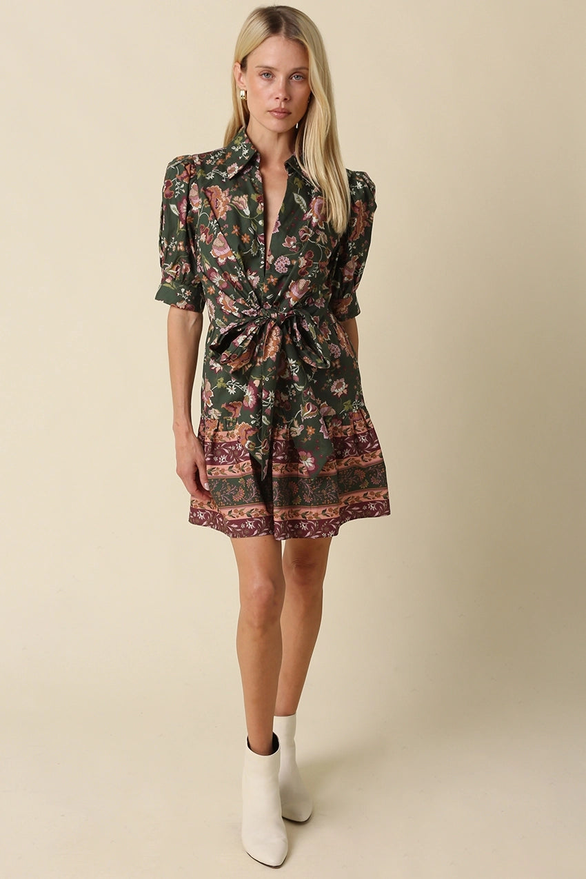 Green Dana Floral Collared Wrap Mini Dress