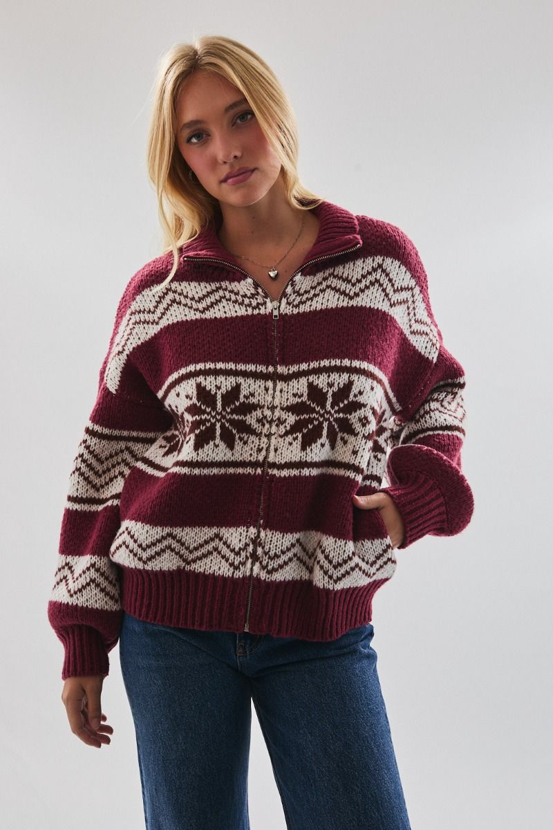 Burgundy Fair Isle Collared Sweater Jacket