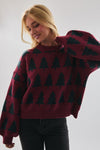 Burgundy Christmas Tree Pattern Sweater