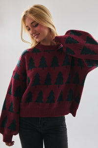 Burgundy Christmas Tree Pattern Sweater