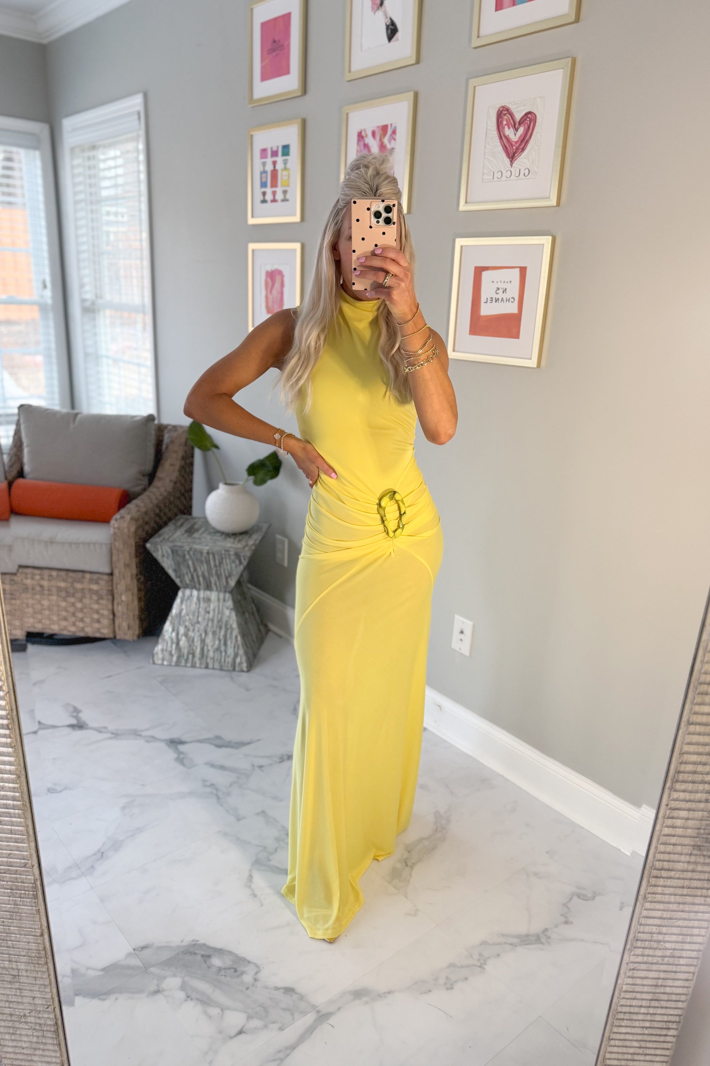 Butter Yellow Mock Neck Ruched Sheer Open Back Maxi Dress