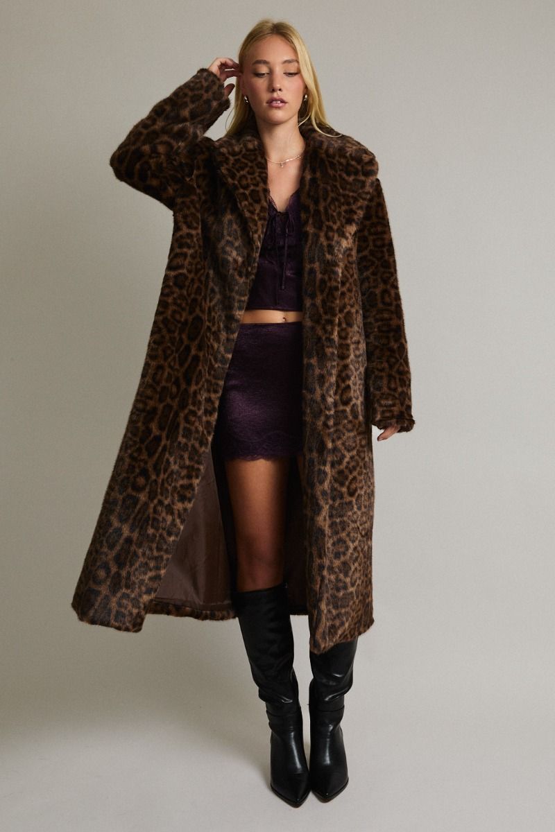 Leopard Print Faux Fur Long Coat