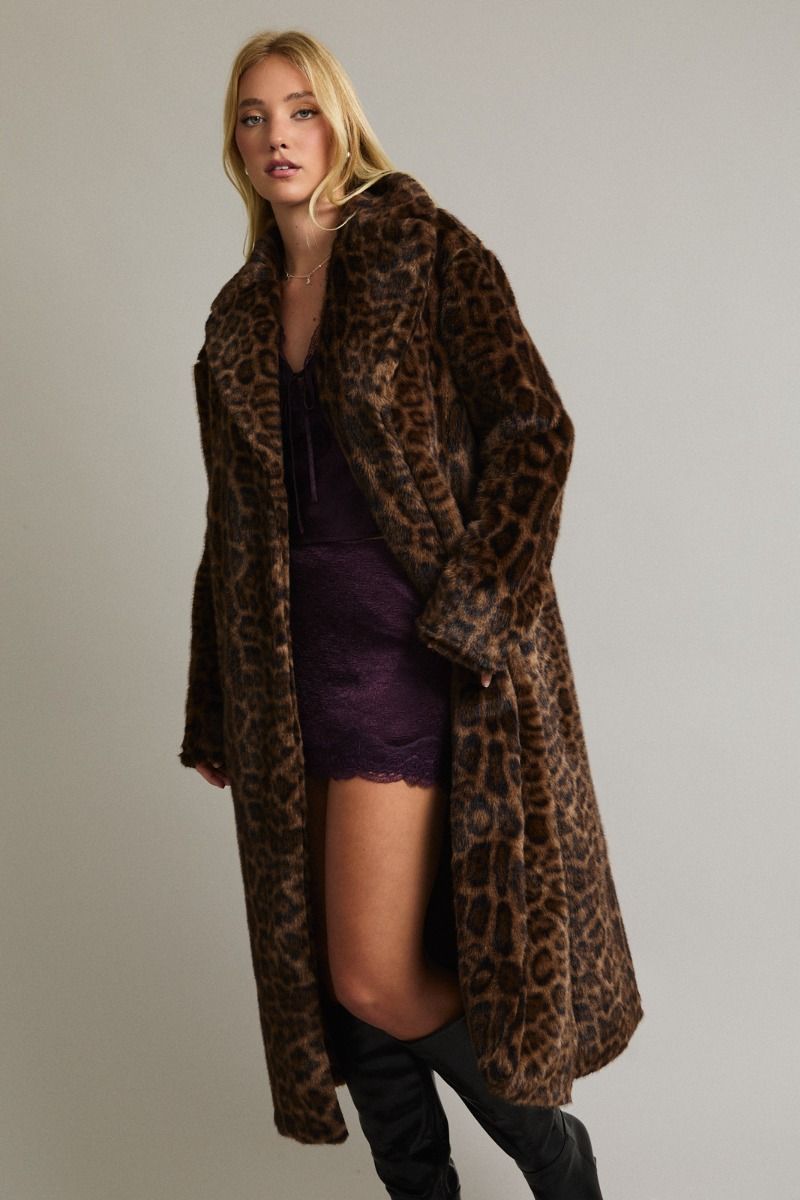 Leopard Print Faux Fur Long Coat