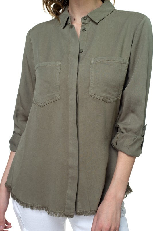 Olive Green Frayed Button Down