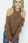 Ivory Double Cutout Shoulder Sweater With Fringe - Kendry Collection