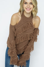 Ivory Double Cutout Shoulder Sweater With Fringe - Kendry Collection