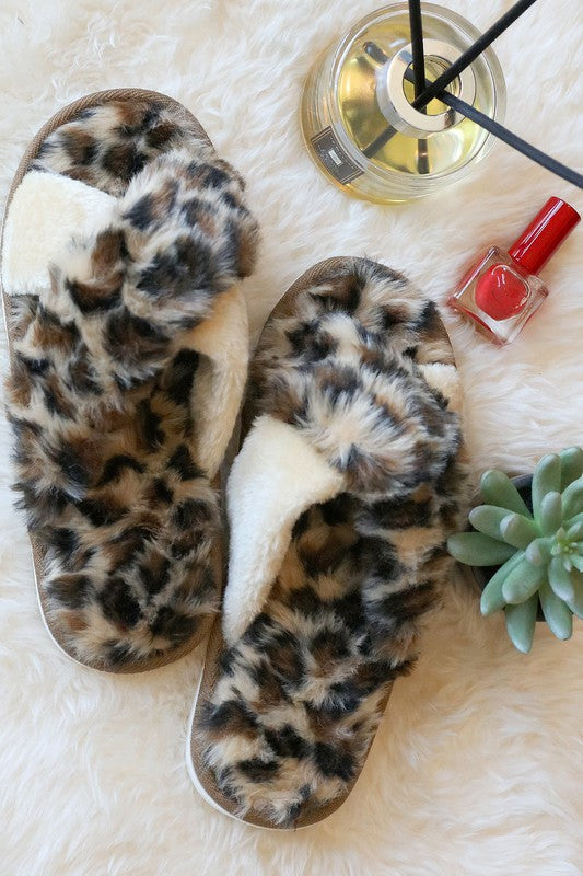 Brown Leopard Faux Fur Criss Cross Slippers - Shop Kendry Collection Boutique