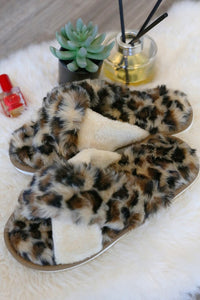Grey Leopard Faux Fur Criss Cross Slippers - Shop Kendry Collection Boutique