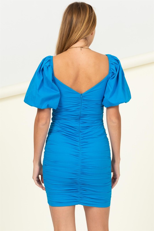 Blue Ruched Puff Sleeve Mini Dress