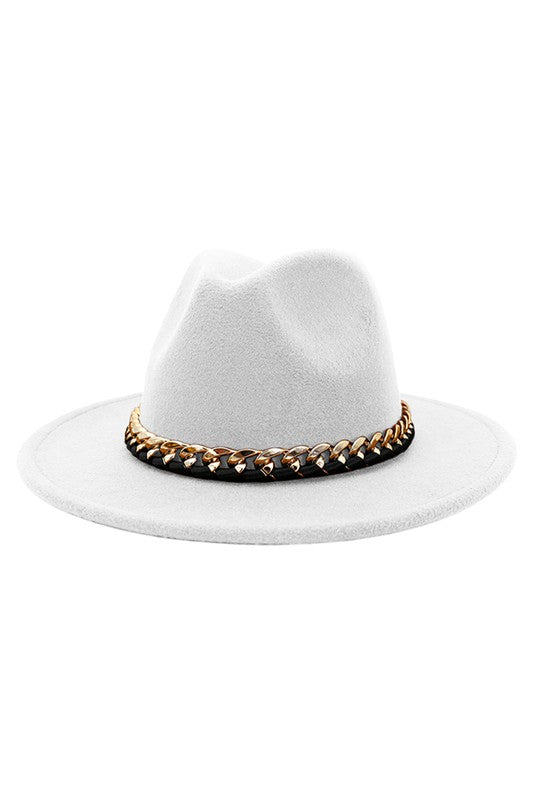 White Panama Hat With Gold Chain Belt