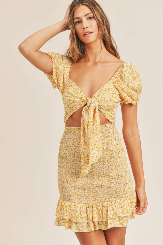 Smocked Yellow Ditzy Floral Cutout Mini Dress