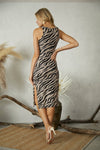 Cute taupe animal print midi dress with criss cross cutout and side slit. Zebra Print Cutout Sleeveless Midi Dress - Shop Kendry Collection Boutique 