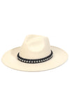 Beige Rhinestone/Black Strap Wide Brim Panama Hat
