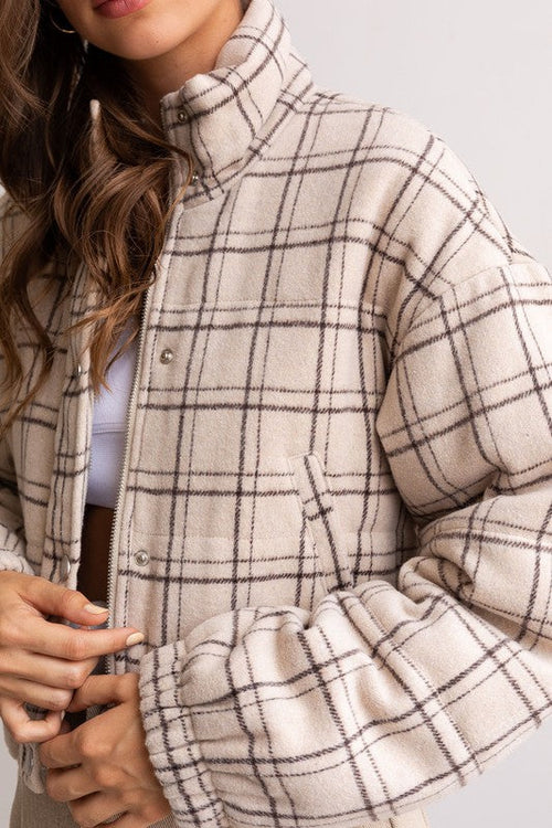 Beige Plaid Puffer Jacket - Kendry Collection Boutique