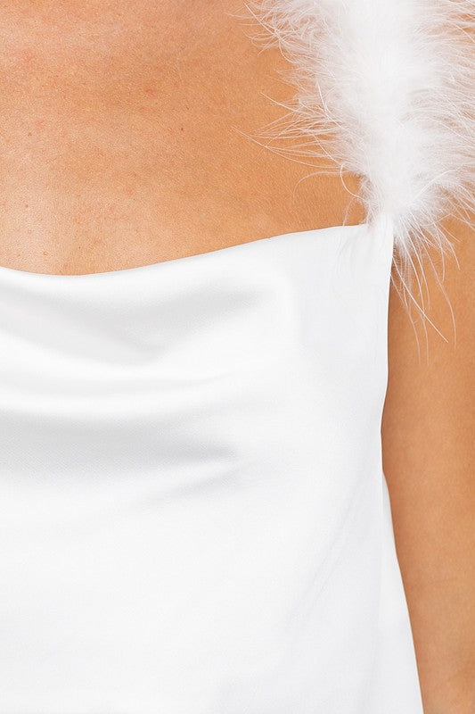 White Feather Trim Cowl Neck Tank