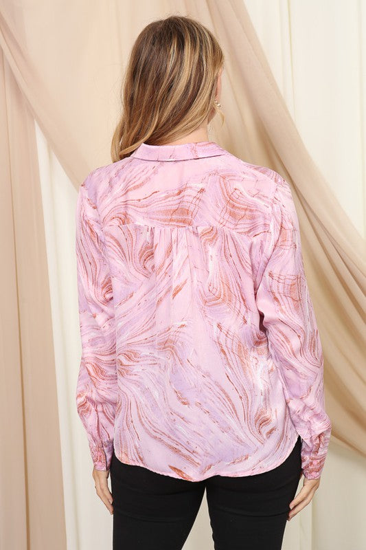 Pink Marble Pattern Button Down Blouse