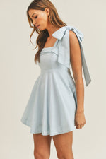 Blue Shoulder Tie Flare Dress