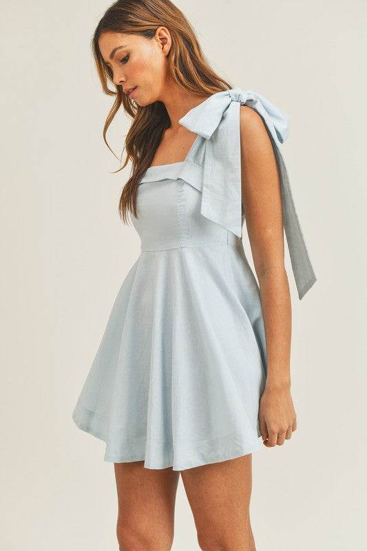 Blue Shoulder Tie Flare Dress