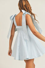 Blue Shoulder Tie Flare Dress