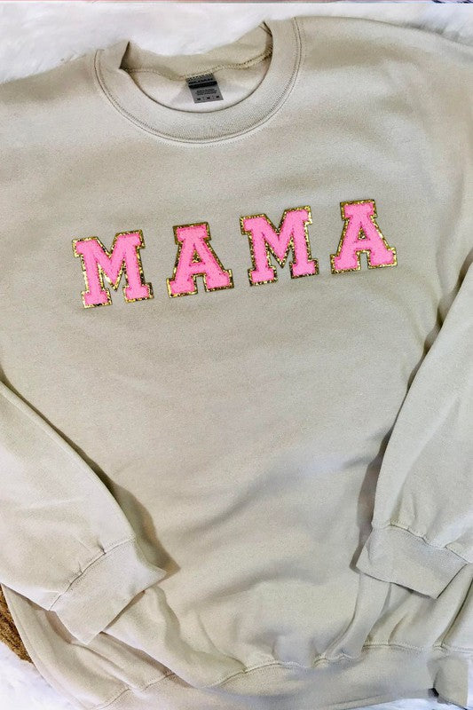 Tan and Pink Mama Letter Patch Crewneck