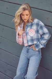 Pink Plaid Color Block Cropped Button Down